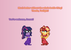 Size: 504x357 | Tagged: safe, artist:verve, sci-twi, sunset shimmer, twilight sparkle, genie, ain't never had friends like us, equestria girls, g4, ask, bra, clothes, glasses, gradient background, pixel art, shantae, shoes, tumblr, underwear