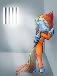 Size: 768x1024 | Tagged: safe, artist:globug100art, rainbow dash, pony, g4, bipedal, bipedal leaning, bound wings, chains, crying, cuffed, cuffs, female, handcuffed, jail, leaning, prison, prisoner rd, shackles, solo