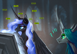 Size: 1157x818 | Tagged: safe, artist:begasus, nightmare moon, queen chrysalis, alicorn, changeling, changeling queen, pony, g4, claw, computer, cute, cutealis, female, missing accessory, moonabetes, shipping, smiling, steam sale, steam summer sale, this will end in bankruptcy