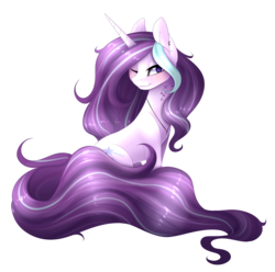 Size: 2572x2548 | Tagged: safe, artist:scarlet-spectrum, oc, oc only, oc:magical brownie, pony, unicorn, art trade, ear piercing, female, high res, mare, one eye closed, piercing, simple background, sitting, smiling, solo, transparent background, wink