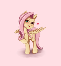 Size: 1000x1080 | Tagged: safe, artist:miokomata, fluttershy, pegasus, pony, g4, blushing, cheek fluff, cute, cute little fangs, ear fluff, fangs, female, heart, looking at you, mare, raised hoof, shyabetes, signature, solo, tongue out