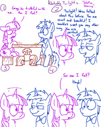 Size: 4779x6013 | Tagged: safe, artist:adorkabletwilightandfriends, twilight sparkle, oc, oc:greg, alicorn, pony, unicorn, comic:adorkable twilight and friends, g4, absurd resolution, adorkable twilight, bowtie, comic, dialogue, floppy ears, lidded eyes, lineart, looking at each other, simple background, sitting, slice of life, smiling, sweat, table, twilight sparkle (alicorn)