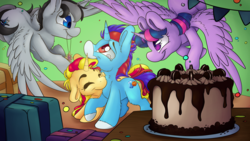 Size: 7680x4320 | Tagged: safe, artist:cutepencilcase, sunset shimmer, twilight sparkle, oc, oc:light blade, oc:solar comet, alicorn, pegasus, pony, unicorn, g4, absurd resolution, birthday, cake, crying, cute, eyes closed, female, floppy ears, food, happy, jewelry, male, mare, mouth hold, nuzzling, pendant, present, shimmerbetes, spread wings, stallion, tears of joy, twiabetes, twilight sparkle (alicorn), wings