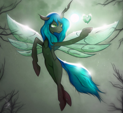 Size: 2356x2160 | Tagged: safe, artist:zidanemina, queen chrysalis, changeling, changeling queen, g4, female, flying, heart, high res, smiling, solo, spread wings, tree, wings