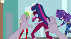 Size: 688x378 | Tagged: safe, screencap, applejack, mistress marevelous, nervous pa, radiance, rarity, sci-twi, twilight sparkle, equestria girls, equestria girls specials, g4, my little pony equestria girls: movie magic, masked matter-horn costume, out of context, power ponies, trio