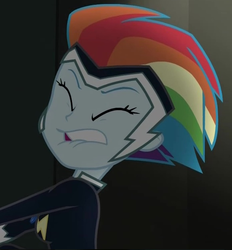 Size: 580x624 | Tagged: safe, rainbow dash, zapp, equestria girls, equestria girls specials, g4, my little pony equestria girls: movie magic, clothes, costume, cropped, eyes closed, female, lip bite, power ponies, reaction image, solo