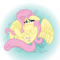 Size: 2238x2238 | Tagged: safe, artist:jen-neigh, fluttershy, pegasus, pony, g4, covering, covering face, curled up, cute, female, floppy ears, high res, looking at you, looking up, mare, shyabetes, solo, spread wings, wings