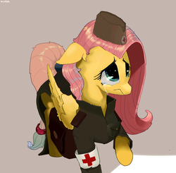 Size: 2300x2255 | Tagged: safe, artist:modak, fluttershy, pony, g4, cap, clothes, crying, floppy ears, folded wings, hat, high res, looking up, medic, military uniform, raised hoof, saddle bag, teary eyes, uniform