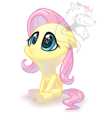 Size: 1024x1249 | Tagged: safe, artist:ogre, fluttershy, pony, g4, blank flank, eye reflection, female, floppy ears, folded wings, looking up, reflection, simple background, sitting, smiling, solo, watermark, younger