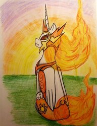 Size: 1024x1331 | Tagged: safe, artist:emberpon3, daybreaker, alicorn, pony, a royal problem, g4, female, looking at you, looking back, pencil, sitting, solo, sunrise, traditional art