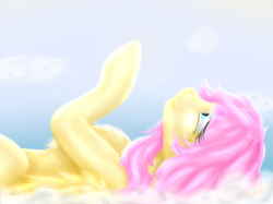 Size: 709x531 | Tagged: safe, artist:ponysunrise, fluttershy, pony, g4, bright, chest fluff, female, looking up, on back, profile, raised hoof, solo