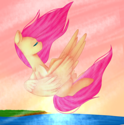Size: 1024x1029 | Tagged: safe, artist:chibuuuowo, fluttershy, pony, g4, eyes closed, falling, female, peaceful, profile, solo, spread wings, wings