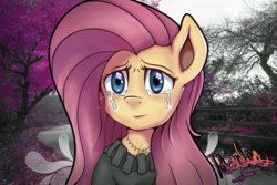 Size: 4500x3000 | Tagged: safe, artist:psychotheone, fluttershy, pegasus, pony, g4, bust, clothes, crying, female, high res, irl, jewelry, looking at you, mare, necklace, photo, ponies in real life, portrait, sad, smiling, solo, sweater, sweatershy, teary eyes