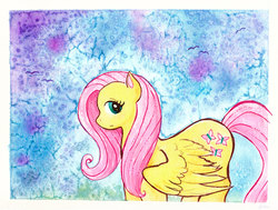 Size: 1200x908 | Tagged: safe, artist:kaikaku, fluttershy, pegasus, pony, g4, female, looking sideways, mare, solo, spread wings, standing, traditional art, unsure, watercolor painting, wings