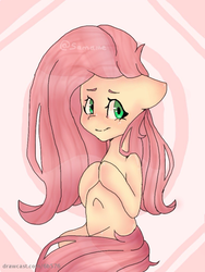 Size: 768x1024 | Tagged: safe, artist:samame, fluttershy, pegasus, pony, g4, female, floppy ears, hooves to the chest, hooves together, looking at you, looking sideways, mare, sitting, smiling, solo