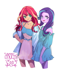 Size: 887x1034 | Tagged: safe, artist:dusty-munji, starlight glimmer, sunset shimmer, human, equestria girls, g4, clothes, duo, simple background, sweat, sweatdrop, white background