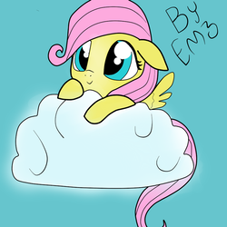Size: 2400x2400 | Tagged: safe, artist:em3darck, fluttershy, pegasus, pony, g4, cloud, cute, female, filly, floppy ears, high res, shyabetes, smiling, solo