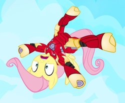 Size: 900x741 | Tagged: safe, artist:pixelkitties, fluttershy, pegasus, pony, g4, armor, avengers, clothes, falling, female, iron man, iron mare, mare, marvel, solo, suit, superhero