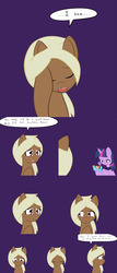 Size: 2400x5600 | Tagged: safe, artist:jake heritagu, twilight sparkle, oc, oc:lightning blitz, oc:sandy hooves, earth pony, pegasus, pony, ask pregnant scootaloo, g4, baby, baby pony, colt, comic, crying, female, high res, holding a pony, male, mama twilight, mare, miss twilight sparkle, offspring, parent:rain catcher, parent:scootaloo, parents:catcherloo, purple background, rattle, simple background, speech bubble