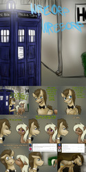 Size: 2250x4500 | Tagged: safe, artist:jitterbugjive, doctor whooves, time turner, oc, oc:sandy hooves, earth pony, pegasus, pony, ask discorded whooves, ask pregnant scootaloo, g4, comic, crossover, crying, discord whooves, doctor who, female, high res, male, mare, stallion, tardis, the doctor