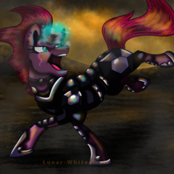 Size: 1000x1000 | Tagged: safe, artist:lunar-white-wolf, tempest shadow, pony, g4, my little pony: the movie, armor, broken horn, eye scar, female, glowing horn, horn, mare, open mouth, scar, solo, sparking horn