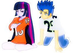 Size: 900x664 | Tagged: safe, artist:swintpony, flash sentry, twilight sparkle, equestria girls, g4, american football, angry, clothes, denver broncos, female, male, nfl, outfit, seattle seahawks, ship:flashlight, shipping, straight, super bowl xlviii