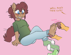 Size: 894x690 | Tagged: safe, artist:caroo, oc, oc only, oc:latch, anthro, plantigrade anthro, anthro oc, barefoot, blushing, clothes, converse, cute, digital art, feet, female, fetish, foot fetish, foot focus, messy mane, shoes, simple background, smiling, sneakers, socks, tickling, toes, wiggling toes