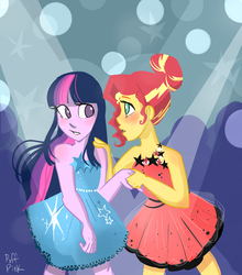 Size: 3075x3500 | Tagged: safe, artist:puffpink, sunset shimmer, twilight sparkle, human, equestria girls, g4, alternate clothes, alternate hairstyle, bare shoulders, blushing, clothes, cute, dancing, dress, duo, female, hand on shoulder, high res, holding hands, lesbian, looking at each other, shimmerbetes, ship:sunsetsparkle, shipping, sleeveless, strapless, twiabetes