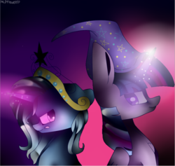 Size: 624x592 | Tagged: safe, artist:magpie-pony, trixie, twilight sparkle, alicorn, pony, unicorn, princess trixie sparkle, g4, magic duel, crown, jewelry, regalia, twilight sparkle (alicorn)