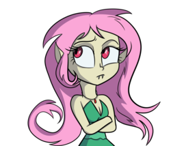 Size: 800x685 | Tagged: dead source, safe, artist:wubcakeva, fluttershy, bat pony, equestria girls, g4, breasts, cleavage, clothes, crossed arms, fangs, female, flutterbat, race swap, simple background, solo, transparent background