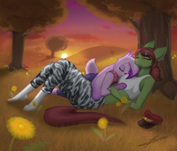 Size: 2640x2245 | Tagged: safe, artist:hardlugia, oc, oc only, oc:kazlee, earth pony, rabbit, anthro, unguligrade anthro, autumn, clothes, cloud, cute, duo, grass, green coat, high res, hug, nap, pink fur, red mane, socks, sunset, team captain, tree, under the tree