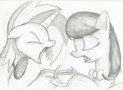 Size: 2328x1700 | Tagged: safe, artist:hardlugia, dj pon-3, octavia melody, vinyl scratch, earth pony, pony, unicorn, g4, angry, argument, bowtie, calm, cup, eyes closed, female, food, glasses, grayscale, mare, monochrome, pencil drawing, tea, teacup, traditional art, yelling