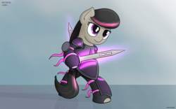 Size: 2560x1600 | Tagged: safe, artist:ashtoneer, octavia melody, earth pony, pony, g4, armor, bipedal, crossover, female, magic, solo, sword, weapon