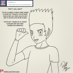 Size: 1000x1000 | Tagged: safe, artist:deltalima, spike, human, g4, contact lens, dialogue, humanized, long sleeves, tumblr