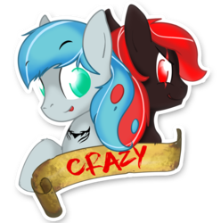 Size: 1515x1525 | Tagged: safe, artist:hardlugia, oc, oc only, oc:crazy, pony, black coat, blue mane, duo, green eyes, red eyes, red mane, simple background, sticker, tattoo, transparent background, white coat, yin-yang