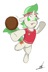 Size: 1267x1881 | Tagged: safe, artist:hardlugia, oc, oc only, oc:lucky seven, pony, ball, cutie mark, green eyes, green mane, headband, jumping, mid-air, red team, simple background, sports, sporty style, sticker, transparent background, white coat