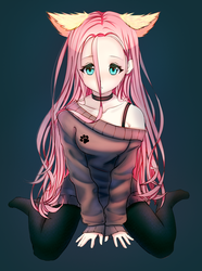 Size: 966x1300 | Tagged: safe, artist:mite-lime, fluttershy, human, g4, anime, bra strap, choker, clothes, eared humanization, female, floppy ears, humanized, kneeling, looking at you, off shoulder, simple background, solo, stockings, sweater, sweatershy, thigh highs