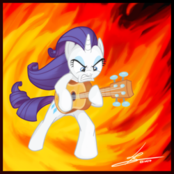 Size: 3000x3000 | Tagged: safe, artist:hardlugia, rarity, pony, unicorn, g4, honest apple, anatomically incorrect, angry, blue eyes, cutie mark, eyelashes, female, fire, guitar, guitarity, heavy metal, high res, incorrect leg anatomy, makeup, music, musical instrument, purple mane, rock (music), shred, solo, standing, strings, white coat