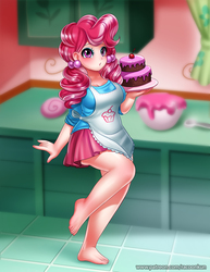 Size: 900x1168 | Tagged: safe, artist:racoonsan, cup cake, human, g4, the perfect pear, apron, barefoot, breasts, busty cup cake, cake, chiffon swirl, clothes, cute, cute cake, dessert, feet, female, food, humanized, kitchen, legs, looking at you, miniskirt, moe, schrödinger's pantsu, skirt, solo, sugarcube corner, walking, younger