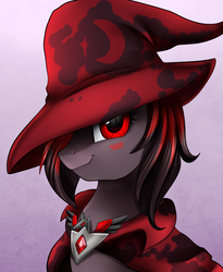 Size: 1446x1764 | Tagged: safe, artist:pridark, oc, oc only, oc:amy amulet, pony, alicorn amulet, amulet, cloak, clothes, gradient background, hat, solo
