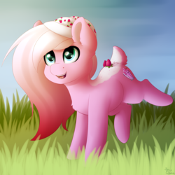 Size: 2000x2000 | Tagged: safe, artist:spirit-dude, oc, oc only, oc:strawberry milkshake, earth pony, pony, female, grass, hat, high res, mare, smiling, solo