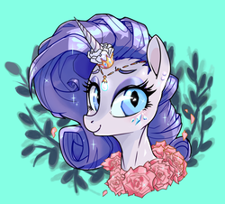 Size: 2041x1846 | Tagged: safe, artist:twitchykismet, rarity, pony, unicorn, g4, female, flower, horn, horn ring, jewelry, looking at you, mare, pearl, rarity month, solo