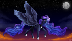 Size: 2560x1440 | Tagged: safe, artist:sailesnake, princess luna, alicorn, pony, g4, female, flying, large wings, looking at you, mare, moon, night, night sky, shooting star, sky, solo, spread wings, stars, twilight (astronomy), wings