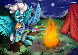 Size: 4960x3507 | Tagged: safe, artist:calena, fleetfoot, rainbow dash, pegasus, pony, g4, absurd resolution, bench, camper, campfire, colored pupils, commission, commissioner:fleetfoot, female, fire, fleetdash, grass, holding, lesbian, mare, moon, night, romantic, shipping, sitting, sky, smiling, snuggling, tent