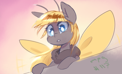 Size: 2286x1392 | Tagged: safe, artist:anonymous, oc, oc only, oc:hexferry, mothpony, original species, pony, antennae, female, fluffy, looking at you, looking down, looking down at you, mare, solo