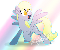 Size: 2250x1875 | Tagged: safe, artist:skaleigha, derpy hooves, pegasus, pony, g4, abstract background, female, happy, mare, no pupils, open mouth, rainbow, raised hoof, smiling, solo, spread wings, wings