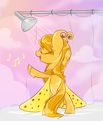 Size: 2000x2343 | Tagged: safe, artist:meekcheep, oc, oc only, oc:dawn gleam, mothpony, original species, pony, bipedal, eyes closed, female, fluffy, high res, mare, music notes, shower, showering, singing, singing in the shower, solo, unshorn fetlocks