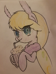 Size: 3024x4032 | Tagged: safe, artist:anonymous, oc, oc only, oc:frosty flicker, mothpony, original species, pony, colored pupils, drinking straw, ear fluff, female, fluffy, glass, high res, hoof hold, looking at you, mare, milkshake, simple background, solo, traditional art, white background