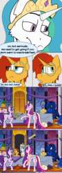 Size: 1402x3916 | Tagged: safe, artist:starrypallet, princess cadance, princess celestia, princess luna, starlight glimmer, sunburst, alicorn, pony, ask princess sunburst, g4, ask, breakfast, comic, communist manifesto, crossdressing, female, food, glasses, hammer and sickle, male, manifesto, mare, pancakes, princess sunburst, stalin glimmer, stallion, text, tumblr