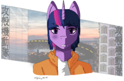 Size: 1024x668 | Tagged: safe, artist:itzdatag0ndray, twilight sparkle, alicorn, anthro, g4, anime, anime style, city, clothes, female, ghost in the shell, japanese, looking at you, shading, solo, twilight sparkle (alicorn)